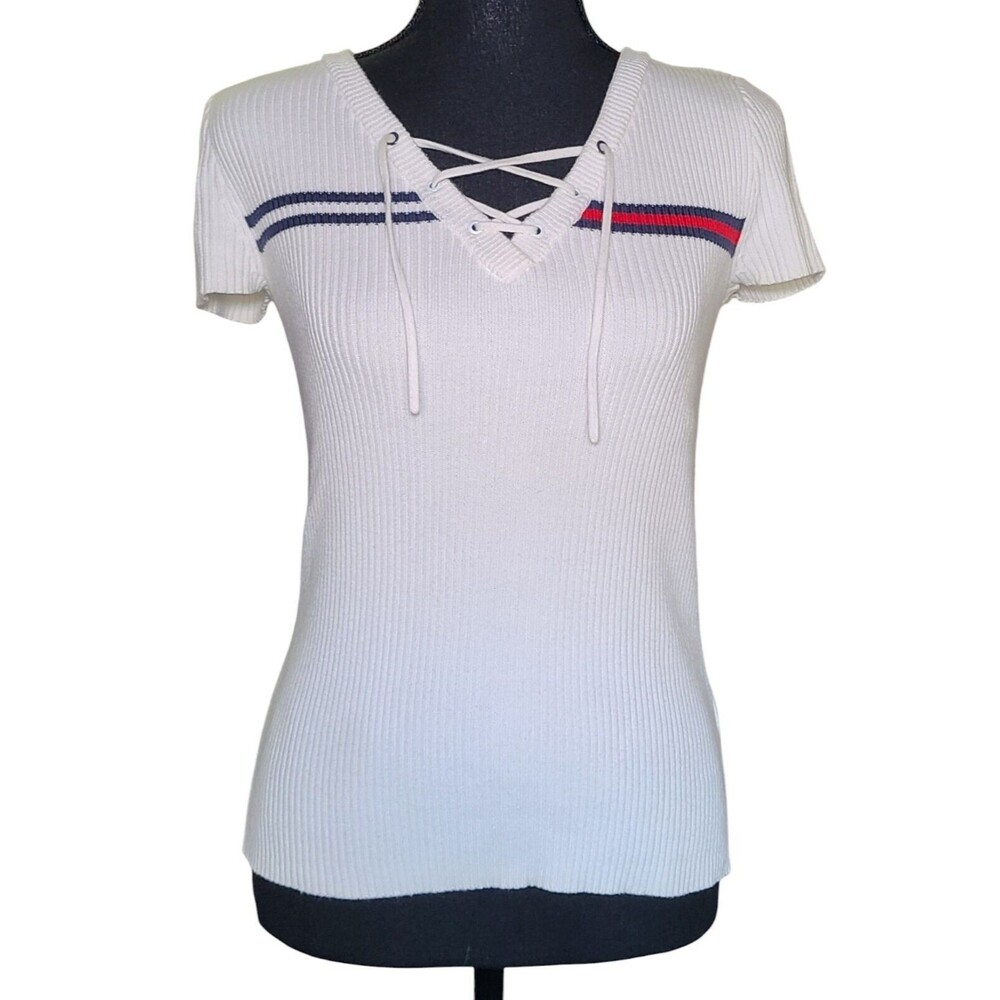 Tommy Hilfiger Vintage Y2K Women's Knit Short Sleeve Size Small Preppy Ribbed